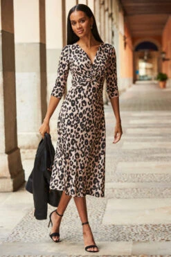Leopard Print Twist Front Midi Jersey Dress