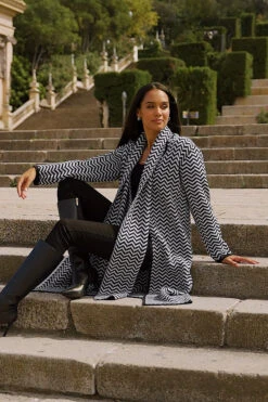 Black & White Herringbone Knit Longline Cardigan With Scarf -MIDI Clothing Shop 0c510e7b6237a964d70385d1e2e786b0638d83a6