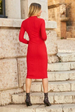 Red Belted Knitted Midi Dress -MIDI Clothing Shop 10 s22dk009rd 101