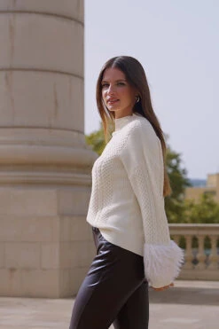 Cream Cable High Neck Faux Fur Cuff Jumper -MIDI Clothing Shop 124a941a94f03f927ead32899d4c6be96d369f53