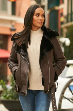 Chocolate Brown Faux Shearling Biker Jacket -MIDI Clothing Shop 12 a19ol004pt0004 064