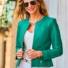 Green Zip Front Round Neck Leather Jacket
