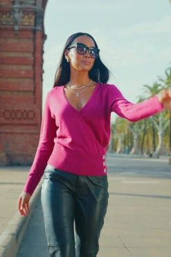 Magenta Faux Wrap Jumper With Diamante Button -MIDI Clothing Shop 1380711c61e06efef0c7d429317a47d2fe158b6b