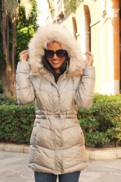 Stone Metallic Padded Coat With Fur Hood -MIDI Clothing Shop 1e3fba7b03304560c1e5568c20dfa501146c1c69