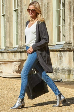 Charcoal Longline Zip Pocket Cardigan -MIDI Clothing Shop 2020 08 31 aynhoe park sosandar49286