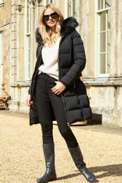Black Faux Fur Trim Luxe Longline Padded Coat -MIDI Clothing Shop 2020 08 31 aynhoe park sosandar49638