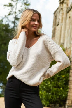 Natural Cable Shoulder V Neck Jumper -MIDI Clothing Shop 2020 08 31 aynhoe park sosandar49977