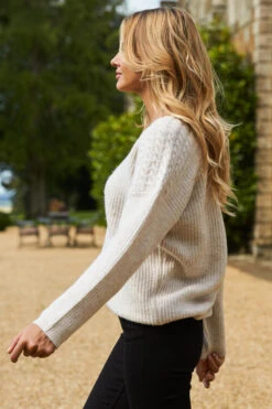 Natural Cable Shoulder V Neck Jumper -MIDI Clothing Shop 2020 08 31 aynhoe park sosandar49991