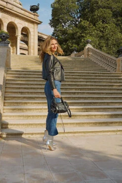 Black Leather Collarless Biker Jacket -MIDI Clothing Shop 2be5cf74a8907538567441e48c993cf2f5634527