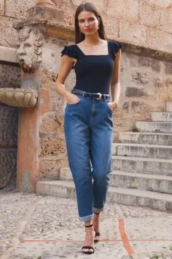 Mid Blue Slim Leg Mom Jeans -MIDI Clothing Shop 32b479f39db93ada4524e9b1eda14228a466f32b