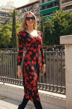 Black & Red Floral Print Ruched Front V Neck Midi Jersey Dress -MIDI Clothing Shop 33c94c9519033ca6ef660f092ca254a5ca6c2384