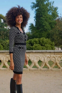 Black Geometric Print Gold Button Detail Knitted Dress -MIDI Clothing Shop 343fcf1119b435efb6b4b0e0b70d2bbe958beb0d