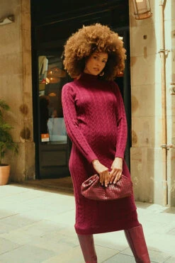 Wine Roll Neck Cable Knit Dress -MIDI Clothing Shop 349cacaac4d6f20609644f6fcc73fa1b1f02672c