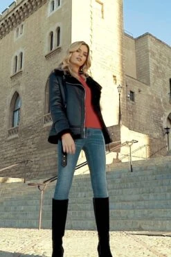 Black Faux Shearling Biker Jacket -MIDI Clothing Shop 4cb05980bd1ce80e77b48bade8dc7e3eeb5c1bcf