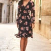 Black & Pink Floral Print Wrap Front Dress
