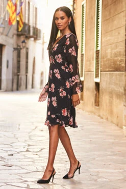 Black & Pink Floral Print Wrap Front Dress -MIDI Clothing Shop 52 s22dw004 034