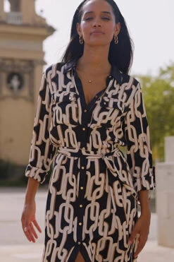 Black Chain Print Contrast Trim Belted Shirt Dress -MIDI Clothing Shop 537f957af738a88e5b622d686a1d07c28abd5da4