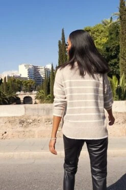 Taupe & White Stripe Roll Neck Jumper -MIDI Clothing Shop 53b6f031c4ae0f3e4b8d70aff186eda33688c053