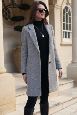 Black & White Herringbone Wool Mix Coat -MIDI Clothing Shop 5f7720d1843d85f33dd13a99dac2dc9237ede2ab