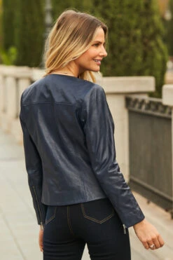 Navy Blue Zip Front Round Neck Leather Jacket -MIDI Clothing Shop 60 s22tw005blfl 140