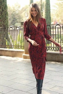 Red Animal Print Ruched Sleeve Midi Wrap Dress -MIDI Clothing Shop 64c124f7018bbe3a2c34c35c615d6e973c3f5d4d 1