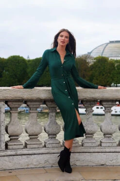 Dark Green Plisse Flared Sleeve Shirt Jersey Dress -MIDI Clothing Shop 731cbf994e64f98e2a8792846060f3726beed149