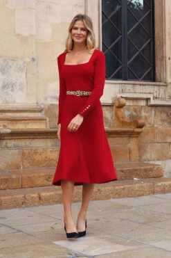 Red Square Neck Gold Button Cuff Knitted Midi Dress -MIDI Clothing Shop 77cb295c455a3a861cebecebe5fb73061632de61