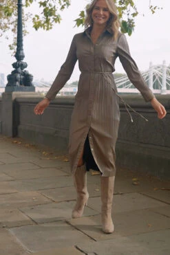 Taupe Leather Look Plisse Shirt Dress With Belt -MIDI Clothing Shop 789b48ce877f6b81a9e46ef09188483dcf0eed1a