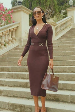 Chocolate Brown Wrap Front Luxe Gold Buckle Knitted Dress -MIDI Clothing Shop 7c3fa8aa6a8d64e6e6912e43c2accb87dc6c6d8c