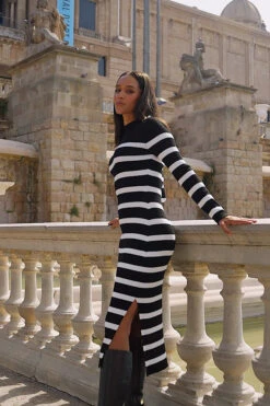 Black & White Stripe Button Detail Rib Knit Midi Dress -MIDI Clothing Shop 8ab7f484a748c19e164830eaeb38d231c0ba2c32