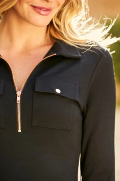 Black Ponte Collared Jersey Dress With Rose Gold Zip Detail -MIDI Clothing Shop 92 blackdress 139