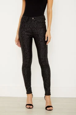 Black Textured Leopard Print Coated Skinny Jeans