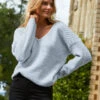 Pale Blue Cable Shoulder V Neck Jumper