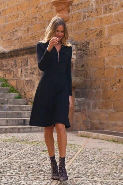 Black Ponte Collared Jersey Dress With Rose Gold Zip Detail -MIDI Clothing Shop b6c5a0659cd61910d592c135b36b9ba25bc3285f