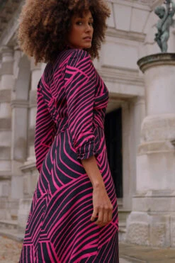 Pink & Black Geometric Print Belted Midi Dress -MIDI Clothing Shop c0060d7ff27cc97ec96734a9b4fefd8df2a14a27