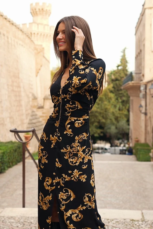 Black & Gold Baroque Print Zip Front Dress 7 Black & Gold Baroque Print Zip Front Dress - Image 5