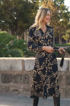 Black & Gold Baroque Print Midi Shirt Jersey Dress -MIDI Clothing Shop c4a0d9e460bc8fb157c37d50ed6f582b925a2414