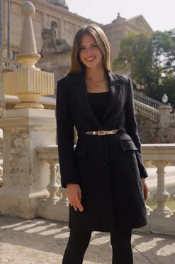 Black Boucle Coat With Gold Belt Detail -MIDI Clothing Shop cc10155c79a72262d68fab0f5d41312460c56bda