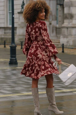 Burgundy & Ecru Floral Print Belted Fit & Flare Dress -MIDI Clothing Shop cd48ff8c9327ec544c04fbcece807d2291b30e2b