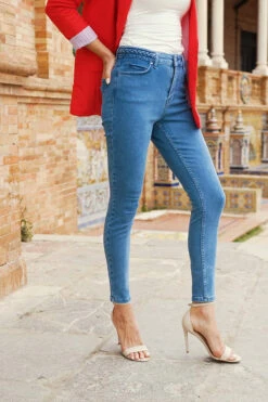 Mid Blue Braid-Detail Skinny Jeans -MIDI Clothing Shop cf6a16099dc4c237a5dc765a42826c7a9318e9c0