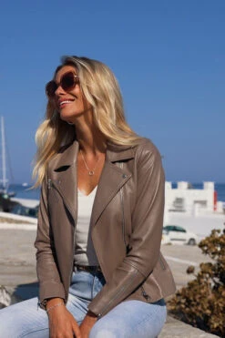 Taupe Leather Biker Jacket -MIDI Clothing Shop d6c4ad7c9e0eb0bd524f2e420300a4bb6a1715dc