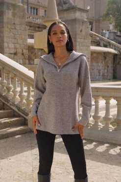 Natural Rib Knit Half Zip Longline Jumper -MIDI Clothing Shop d74a5052c0000b9fb3c0458ca08340690b593dcd