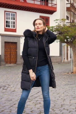Black Faux Fur Trim Longline Tie Waist Padded Gilet -MIDI Clothing Shop d8c0b0b9baa8198d9c9cd4a850fabfc865030c52