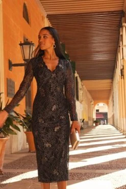 Black & Gold Lace Ruched Midi Jersey Dress -MIDI Clothing Shop dd579f12267f63d3530b224135022a06e240a6b8