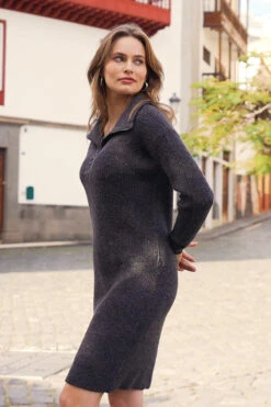 Charcoal Grey Half Zip Knitted Dress -MIDI Clothing Shop ea907e3a9f8aa41c83f0751cb8303f510e691b66