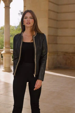 Black Round Neck Leather Jacket With Gold Chain Detail -MIDI Clothing Shop ede434bc52309c254bef3001fe86db45f6e170d8