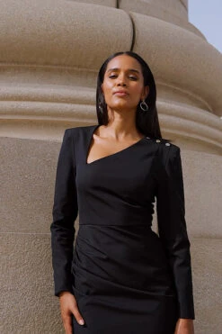 Black Asymmetric Neckline Pencil Dress With Button Detail -MIDI Clothing Shop f8065ae1f08693781df5b96f860167985c3d3d69