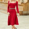 Red Square Neck Gold Button Cuff Knitted Midi Dress 1 Red Square Neck Gold Button Cuff Knitted Midi Dress -MIDI Clothing Shop web 02 a21dk570rd 022