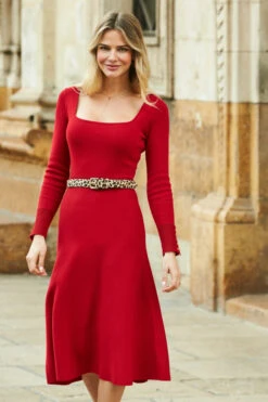 Red Square Neck Gold Button Cuff Knitted Midi Dress -MIDI Clothing Shop web 02 a21dk570rd 139