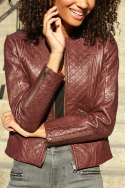 Burgundy Quilted Leather Collarless Jacket -MIDI Clothing Shop web 13 a21ol005 a20bd002gy 131